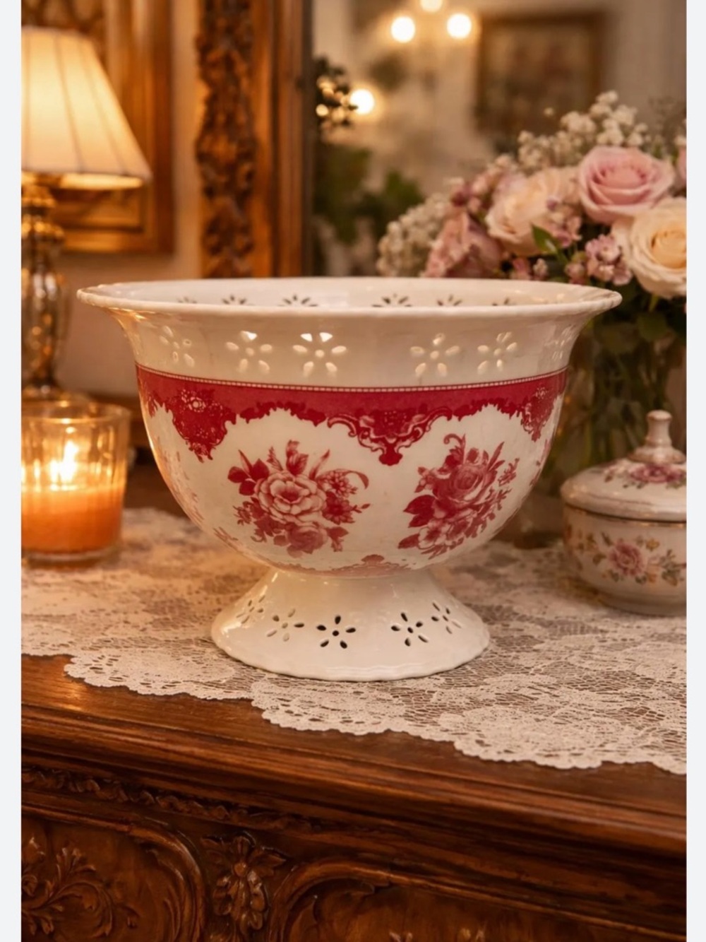 #1817*Vintage-Style White Pedestal Bowl with Red Floral Transferware - Picture 6 of 13